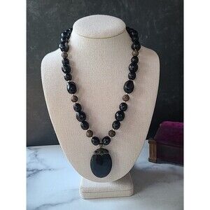Black Plastic And Gold Tone Metal Beaded Necklace Vintage